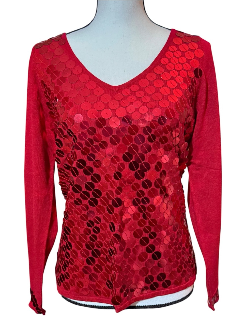 Red Sequin Dot V-Neck Long Sleeve Top